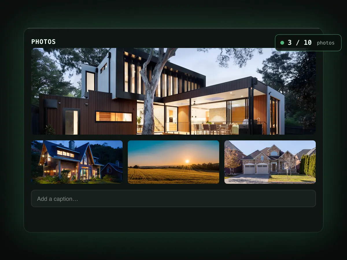 Photo gallery panel with three thumbnails and a caption field.